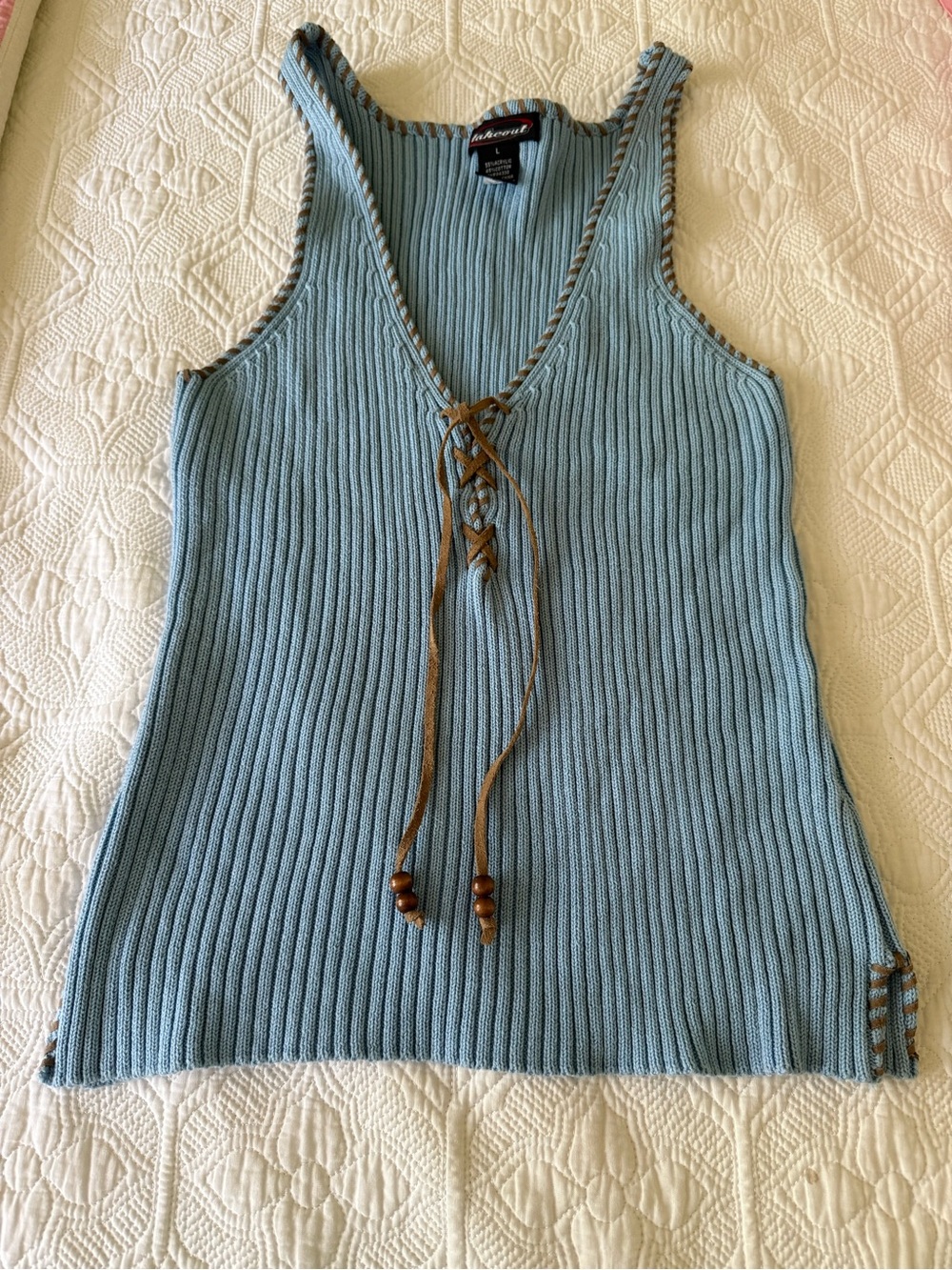Blue Ribbed Lace-Up Tank Top